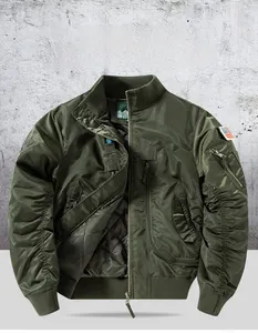 Detailed macro shot of olive green flight jacket showing quilted lining and American flag patch