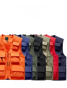 Detail of multi-pocket outdoor vests in seven colors with breathable mesh lining