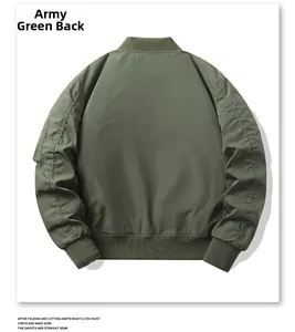 Back view of army green bomber jacket featuring utility sleeve pocket and ribbed hem