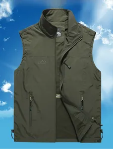 Detail of army green outdoor vest showing stand collar and zippered chest pocket