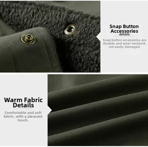 Detailed view of olive green jacket featuring metal snap buttons and warm black fleece lining