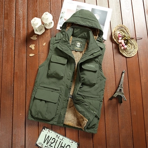Army green men's hooded outdoor jacket with warm fleece lining and multi-pocket design