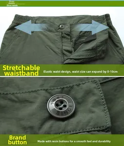 Détail de la taille élastique et bouton en résine sur pantalon outdoor à séchage rapide
