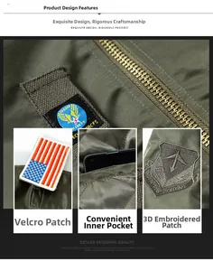 Detail of military green flight jacket with embroidered patches and heavy metal zipper