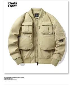 Front view of khaki multi-pocket utility pilot jacket with windproof fabric details