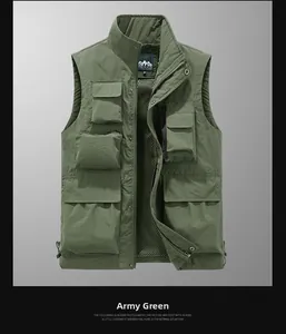 Detail of army green utility vest featuring breathable mesh lining and multiple pockets
