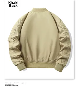 Rear view of khaki bomber jacket showing ribbed cuffs and sleeve utility pocket detail