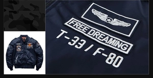 Close-up of military-style embroidery and patches on a navy blue bomber jacket