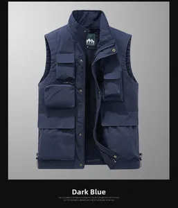 Detail of dark blue fishing vest featuring multiple utility pockets and breathable mesh lining