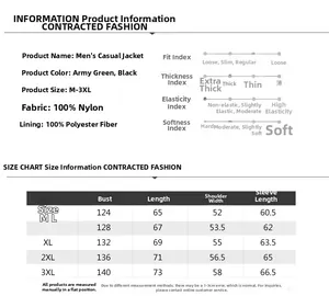Detailed size guide for MA-1 bomber jacket featuring dimensions in M-3XL and material specs