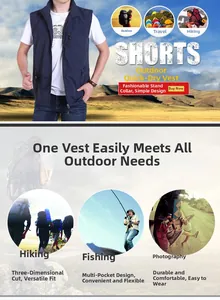 Deep blue outdoor quick-dry vest with multiple zipper pockets and stand-up collar