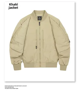 Flat lay of khaki pilot jacket showing ribbed collar, cuffs and multi-pocket details