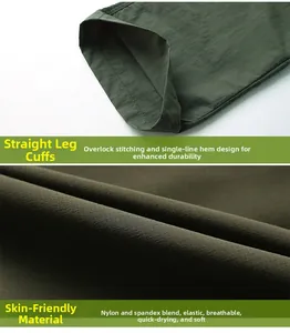 Détail du pantalon vert à séchage rapide en nylon élastique avec ourlet de jambe droit