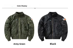 Detailed comparison of olive green and black MA-1 bomber jackets with military patches
