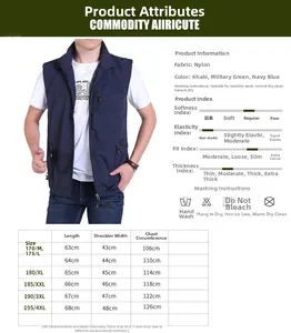 Detailed size chart for men's outdoor waterproof vest including chest and length metrics