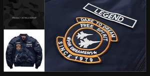 Detailed close-up of navy blue pilot jacket featuring high-density nylon and embroidery