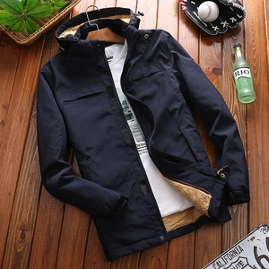 Men's navy waterproof windbreaker with warm khaki fleece lining and hood on a wooden hanger