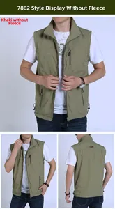 Close-up of khaki outdoor fishing vest showing multi-pocket design and waterproof fabric