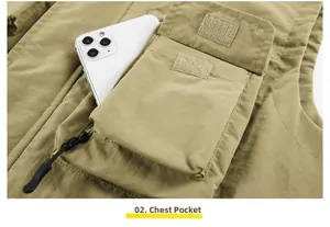 Detail of khaki tactical vest featuring multi-functional pockets and secure zipper closure