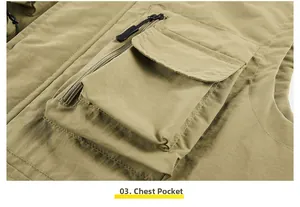 Detail of khaki outdoor vest showing functional chest pocket and side zipper pocket