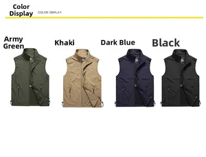 Men's outdoor utility vests in green, khaki, navy, and black with stand collar and zipper