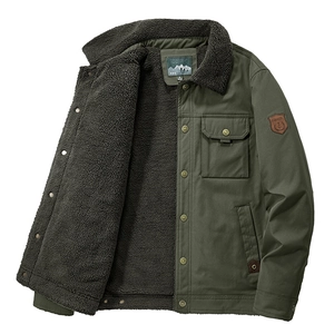 Men's Casual Fleece Lined Cargo Jacket Thick Warm Padded Outerwear Solid Color Lapel Collar Polyester Coat For Winter