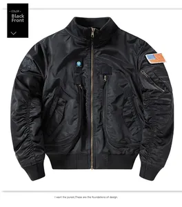 Detail of black MA-1 bomber jacket featuring shiny nylon fabric and arm flag patch