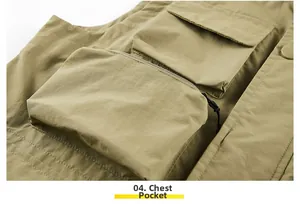 Detail view of khaki utility vest featuring reinforced chest pockets and sturdy zippers