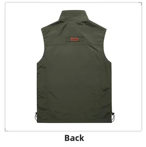 Back view of army green outdoor vest with fashion leather patch and adjustable hem
