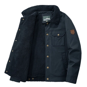 Men's navy casual fleece lined jacket with brass buttons and thick lamb wool interior