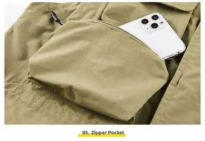Macro detail of khaki outdoor vest featuring a secure zipper pocket with smartphone storage