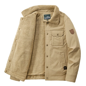 Men's khaki fleece-lined canvas jacket with warm sherpa collar and button pockets