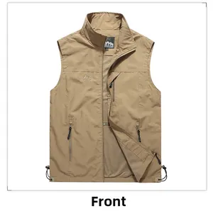Detail view of khaki outdoor vest showing functional pockets and breathable mesh lining