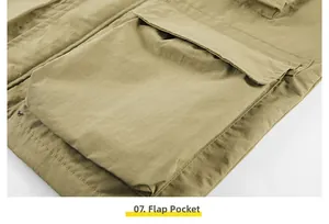 Detailed view of heavy-duty flap pocket with reinforced stitching on khaki outdoor vest