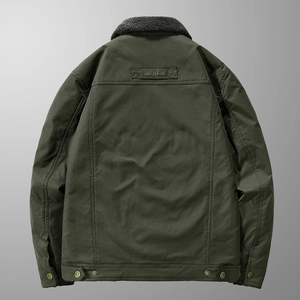 Green fleece-lined workwear jacket for men with a stylish black lamb wool collar