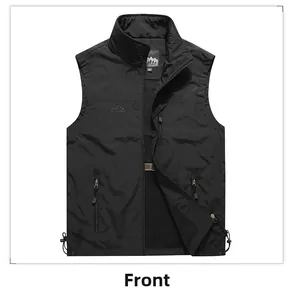 Front view of black quick-dry outdoor vest with stand collar and zipper pockets