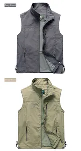 Detail of outdoor quick-dry vests in grey and khaki with stand collar and mesh lining