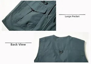Detail der großen Cargotaschen und des Kragendesigns der dunkelgrünen Outdoor Weste