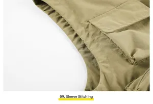 Detailed view of durable double-stitched armhole seams on a khaki outdoor utility vest