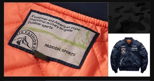 Detail of navy bomber jacket with orange quilted lining and military patches