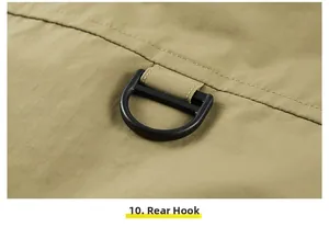 Detail of the durable black D-ring hook attached with reinforced khaki webbing on vest