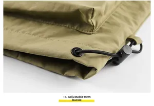 Detail of the adjustable elastic drawstring and toggle at the hem of the khaki outdoor vest