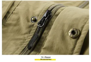 Detail of durable khaki outdoor vest featuring black zipper and star embossed bronze snap