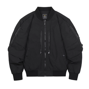 Men's black vintage bomber jacket featuring a multi-pocket utility design and ribbed cuffs
