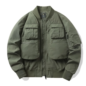 Army green tactical bomber jacket with functional multi-pockets and ribbed collar