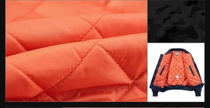 Detail of men's bomber jacket showing orange quilted lining and navy outer shell