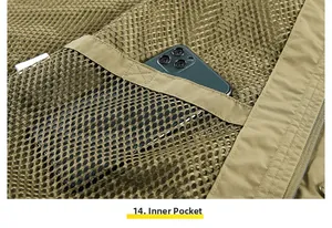 Detail of khaki fishing vest showing breathable mesh lining and large inner storage pocket