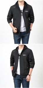 Close-up of black hooded sun protection jacket with Outdoor for Adventure print
