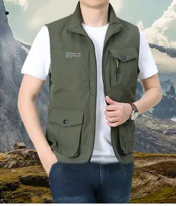 Close-up of military green outdoor utility vest with functional multi-pockets and stand collar