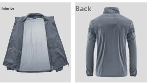 Detailansicht der grauen Sonnenschutzjacke mit Innenfutter und glattem Rückendesign